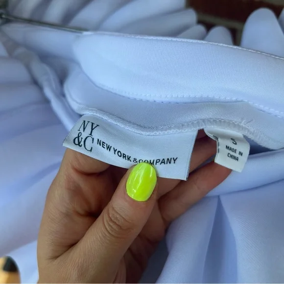 New York & Company White Scuba Knit Ruffle Off the Shoulder Bodycon Mini Dress - Picture 6 of 7